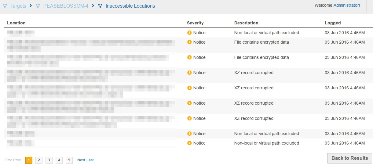 List of Inaccessible Locations with Notice severity for a Target.