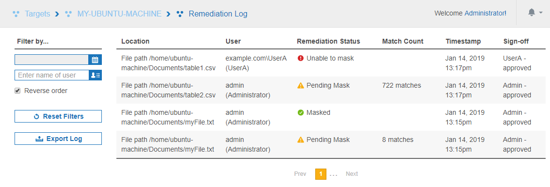 Remediation Log displaying the details for remediated match locations on MY-UBUNTU-MACHINE.
