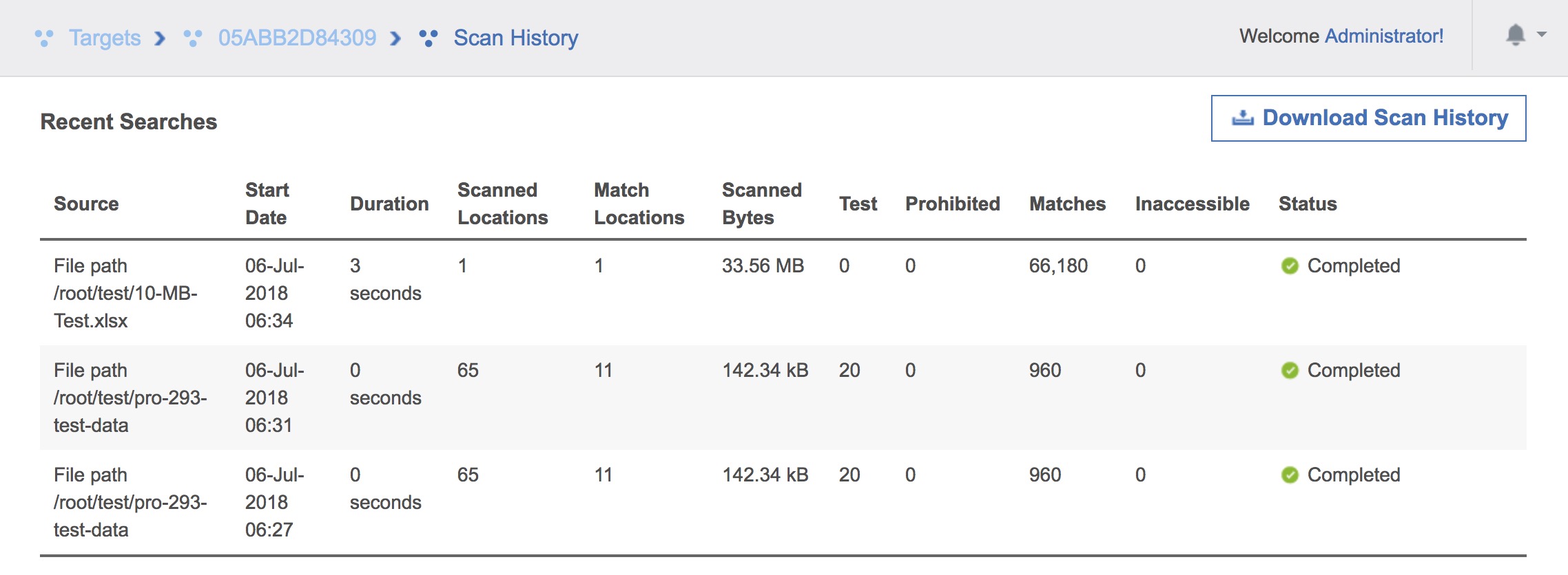 Scan History page displaying recent searches and status of scanned locations for a Target.