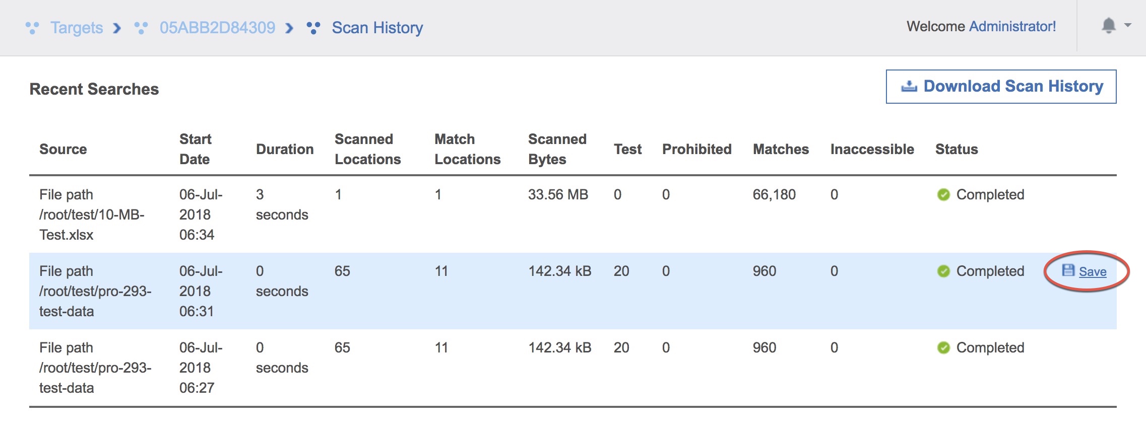 Save button to download a report for a single scan from the Scan History page.