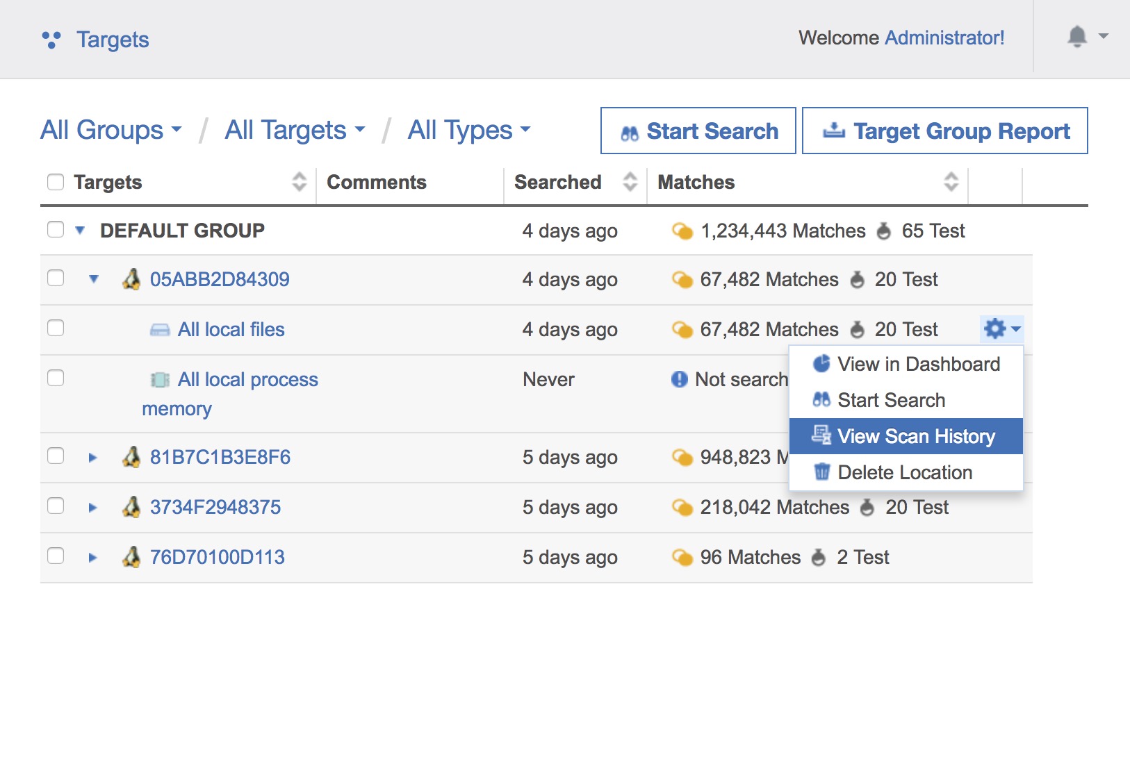 View Scan History option in dropdown box for a selected Target location.