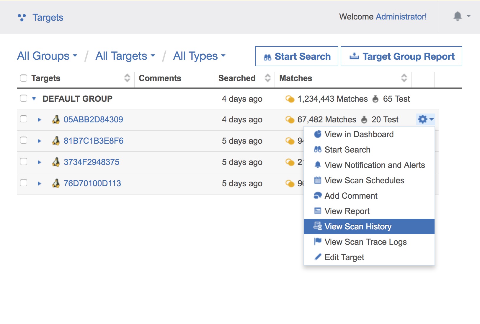 View Scan History option in dropdown box for a selected Target.