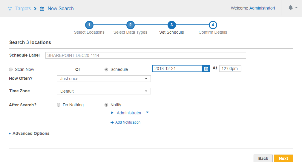 Enterprise Recon 2.0 Set Schedule page to configure scan parameters.