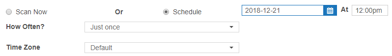 Example of Scan Frequency set to run just once on given date at 12:00 pm in the Default timezone.