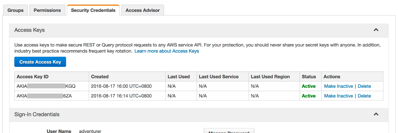 Security Credentials tab in AWS IAM console displaying a user's existing access keys.