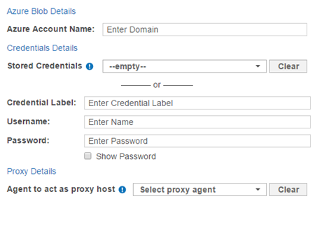 Dialog box to configure the path, credentials and proxy agent for an Azure Blob Target.