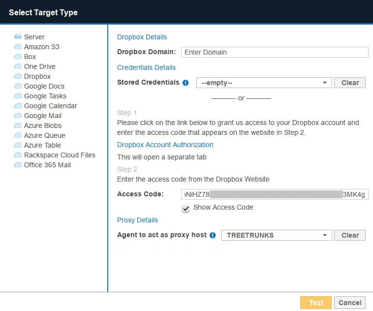 Example of Dropbox Details dialog box with access code filled and proxy agent "TREETRUNKS" selected.