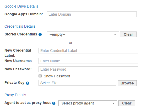Dialog box to configure the path, credentials and proxy agent for a Google Apps Target.