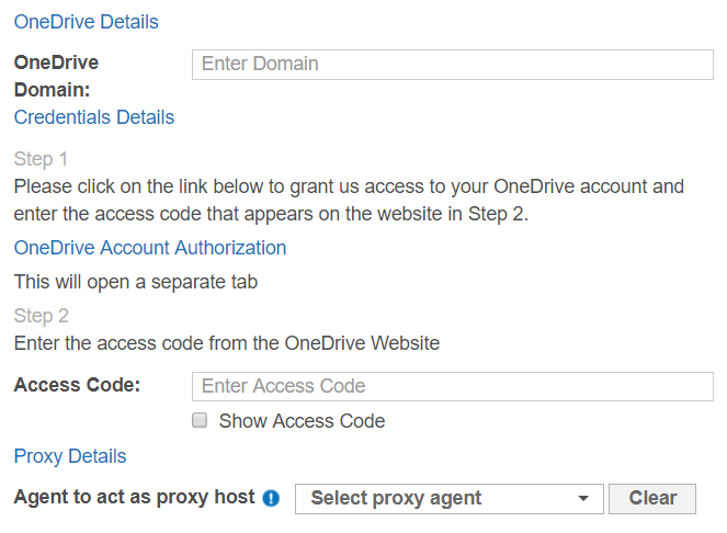 Dialog box to configure the path, credentials and proxy agent for a OneDrive for Business Target.