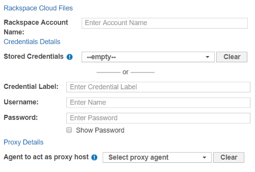Dialog box to configure the path, credentials and proxy agent for a Rackspace Cloud Files Target.