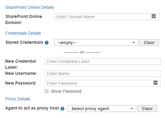 Dialog box to configure the path, credentials, and proxy agent for a SharePoint Online Target