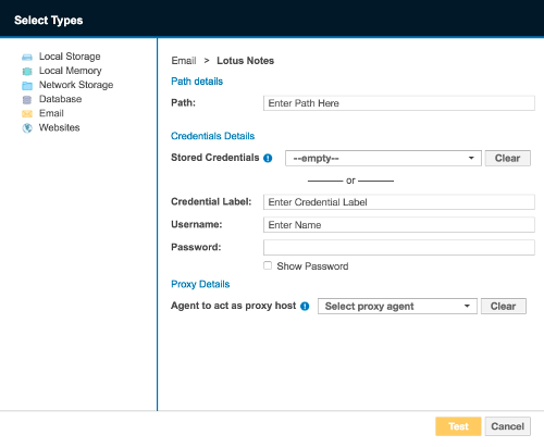 Dialog box to configure the path, credentials and proxy agent for an IBM Notes Target.