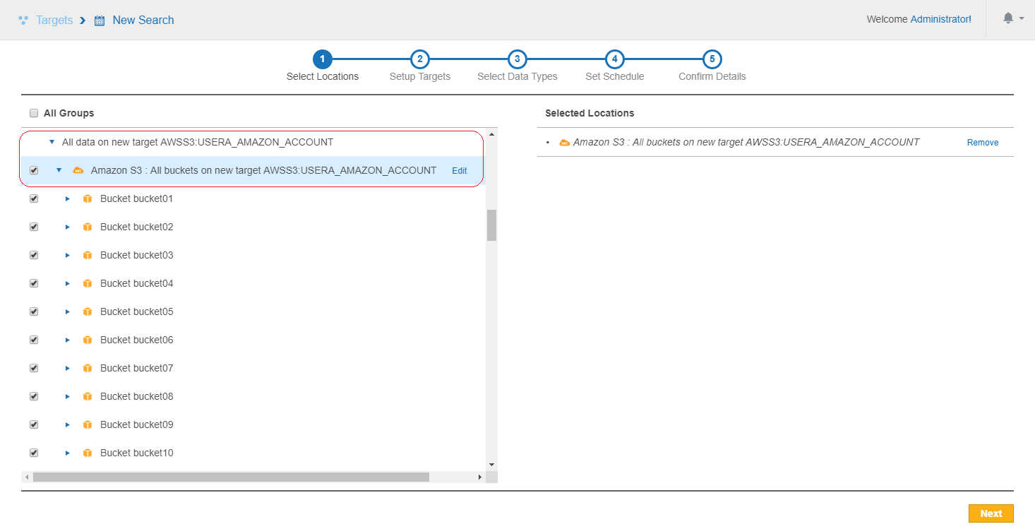 New Search page with "Amazon S3: All buckets on new target "AWSS3:USERA_AMAZON_ACCOUNT" selected as a scan location.