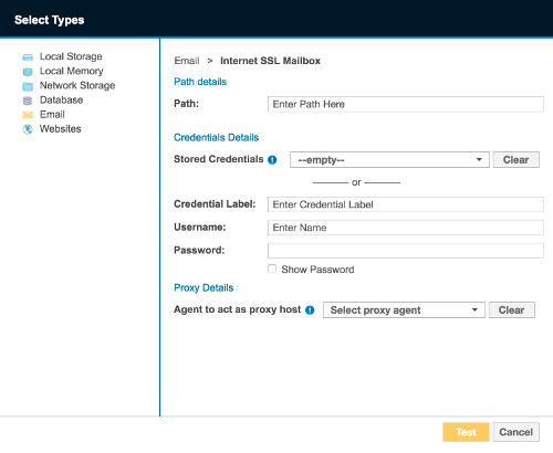 Dialog box to configure the path, credentials and proxy agent for an Internet SSL Mailbox Target.