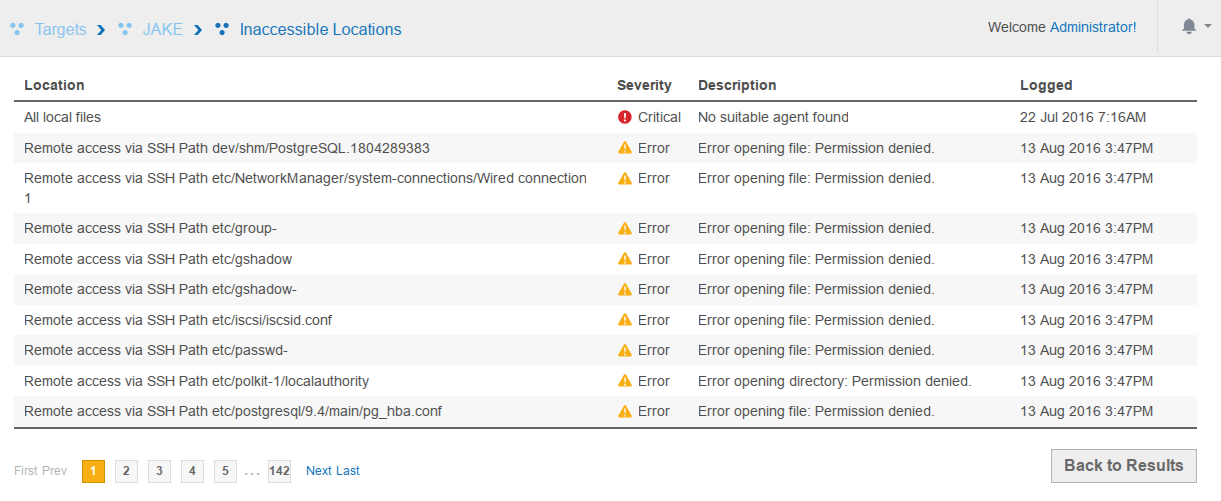 List of Inaccessible Locations with Critical and Error severity levels for a Target.