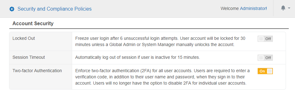 Two-factor Authentication toggle button set to "On" to enforce 2FA for all users.