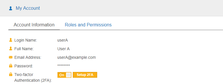 Two-factor Authentication (2FA) enabled for User A in My Account details page.
