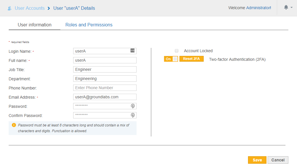 Reset Two-factor Authentication (2FA) for individual user accounts by clicking Reset 2FA in User Details page.