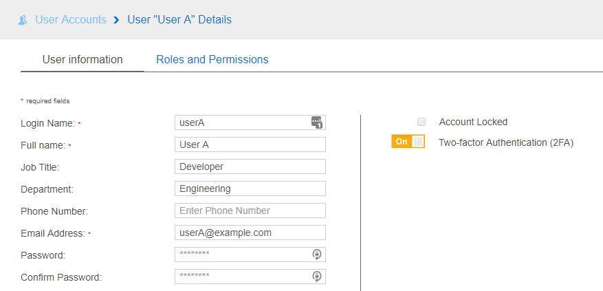 Two-factor Authentication (2FA) enabled for User A in User Details page.