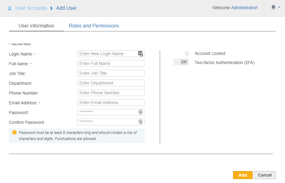 Configure the login name, full name, email address, password and other user information when adding a new user.