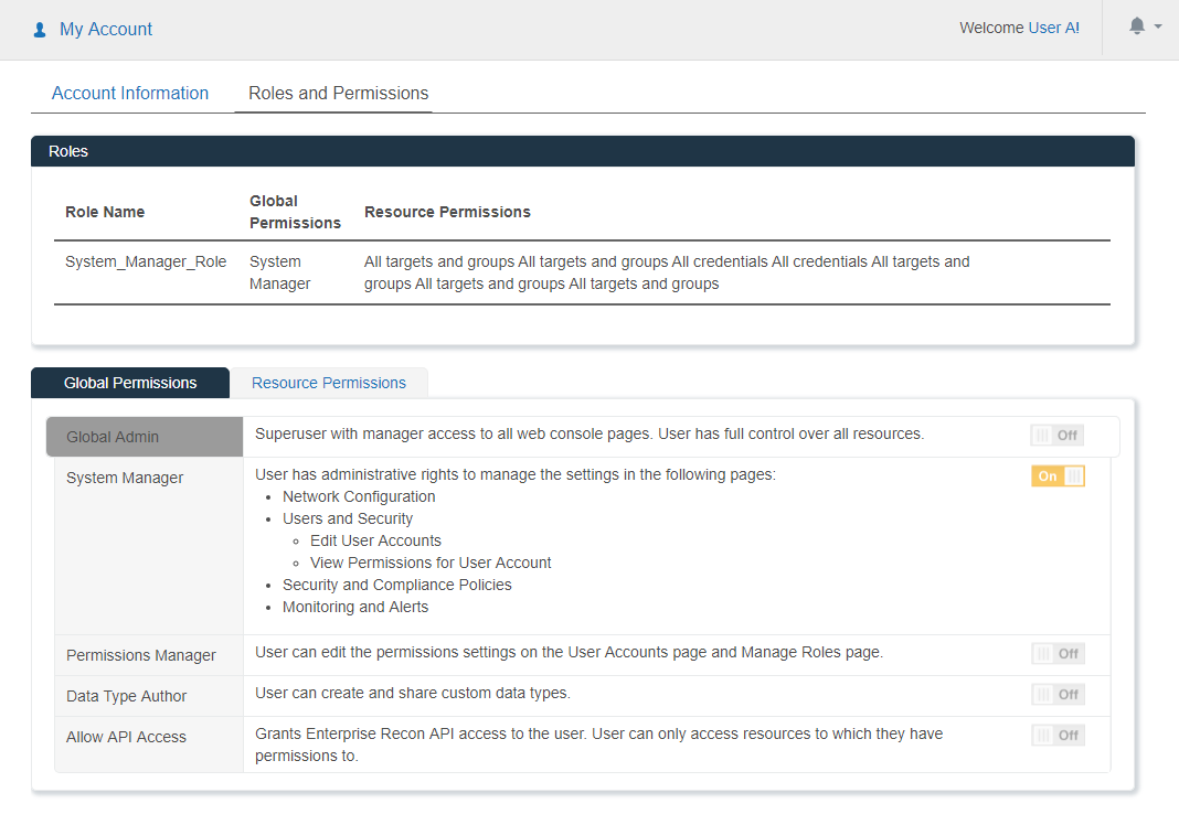 Example of Roles and Permissions page for a user who is assigned System_Manager_Role and System Manager Global Permissions.