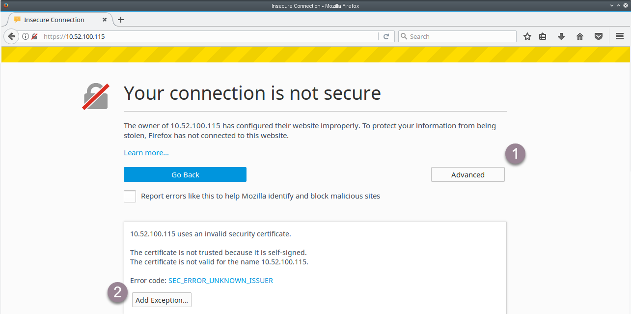 Click Add Exception to add the Master Server as a security exception in Firefox web browser.