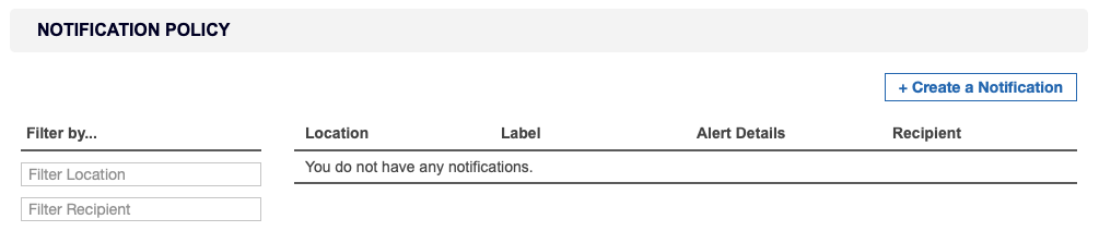 Notification Policy page to filter, create and delete notifications and alerts for events in Enterprise Recon 2.1.