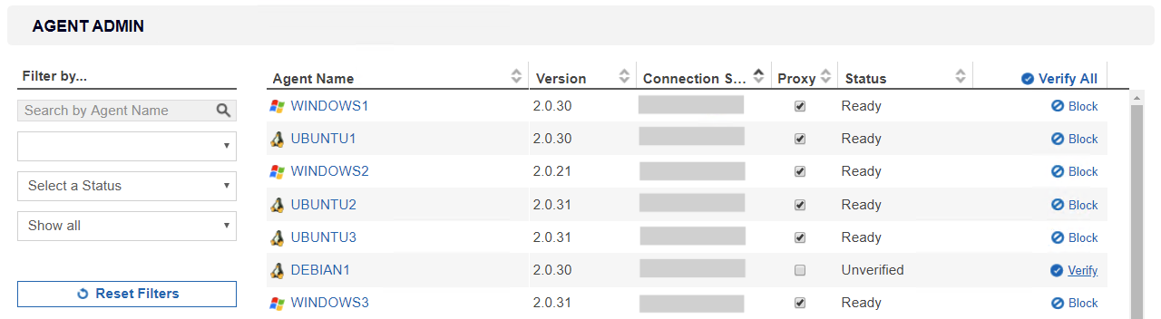 Agent Admin page displaying the list of Node Agents associated with the Master Server.