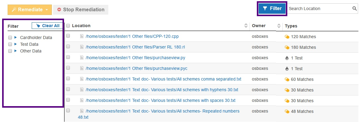 Select data type filters to view locations with Cardholder Data, Test Data or Other Data in the Target details page.