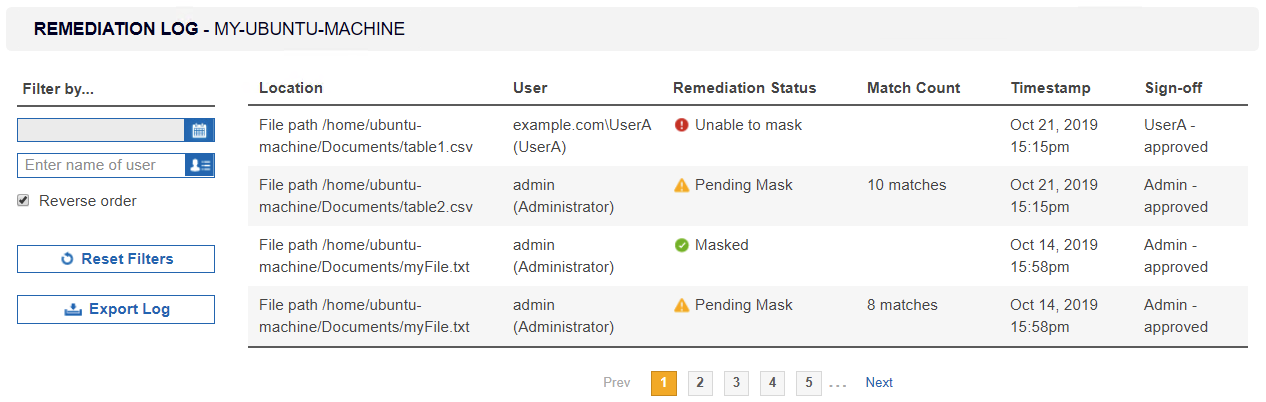 Remediation Log displaying the details for remediated match locations on MY-UBUNTU-MACHINE.