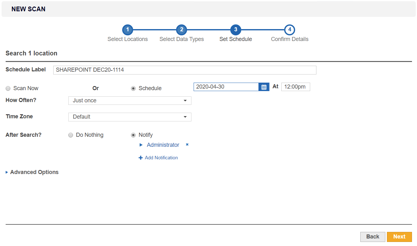 Enterprise Recon 2.1 Set Schedule page to configure scan parameters.