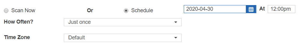 Example of Scan Frequency set to run just once on given date at 12:00 pm in the Default timezone.