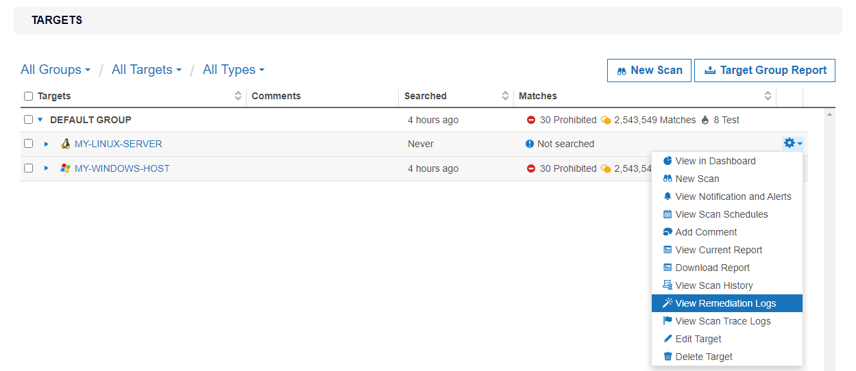 View or save the Remediation Logs for a selected Target in the Targets page.