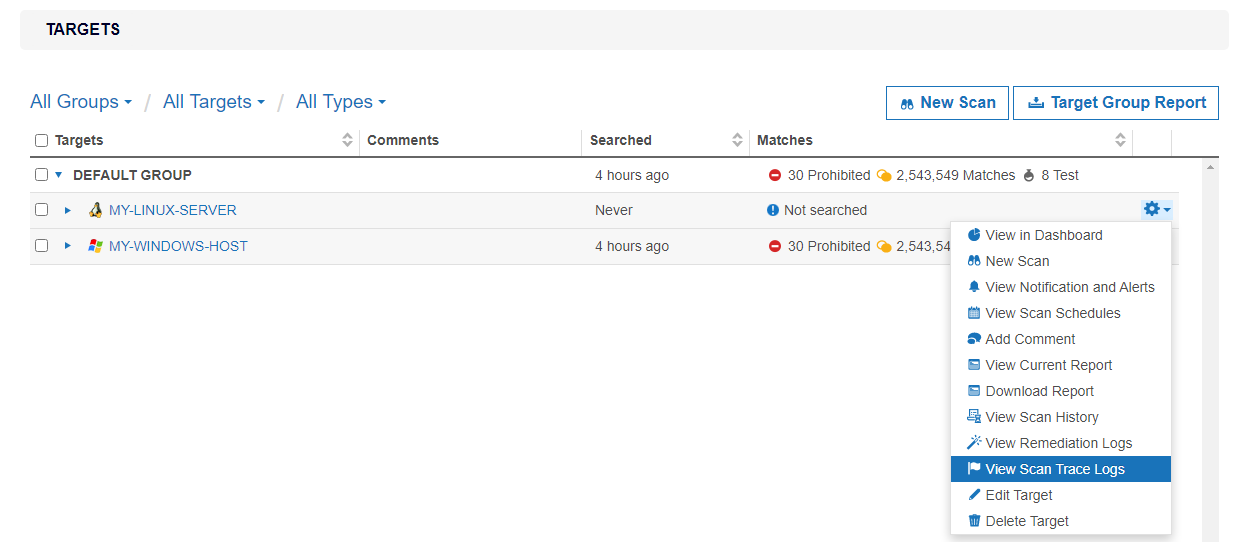 View or save the Scan Trace Logs for a selected Target in the Targets page.