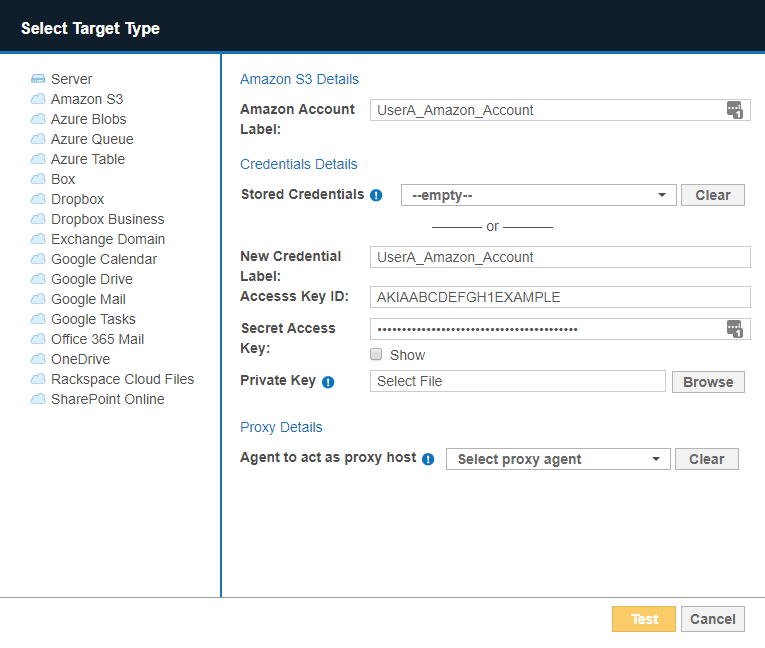 Example of Amazon S3 dialog box with the Amazon Account Label set to "UserA_Amazon_Account" and credential details filled.