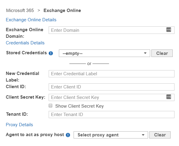 Dialog box to configure the path, credentials and proxy agent for an Exchange Online Targets