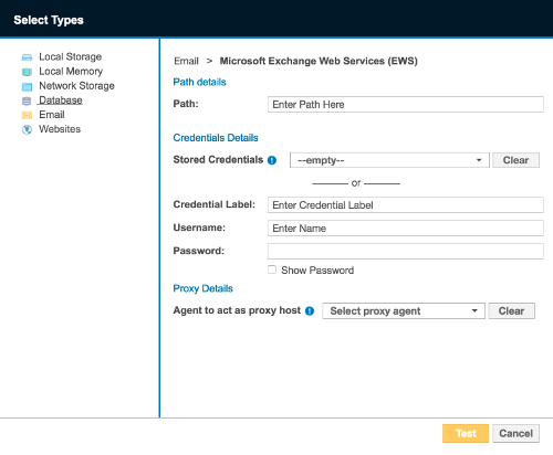 Dialog box to configure the path, credentials and proxy agent for a Microsoft Exchange Web Services Target.