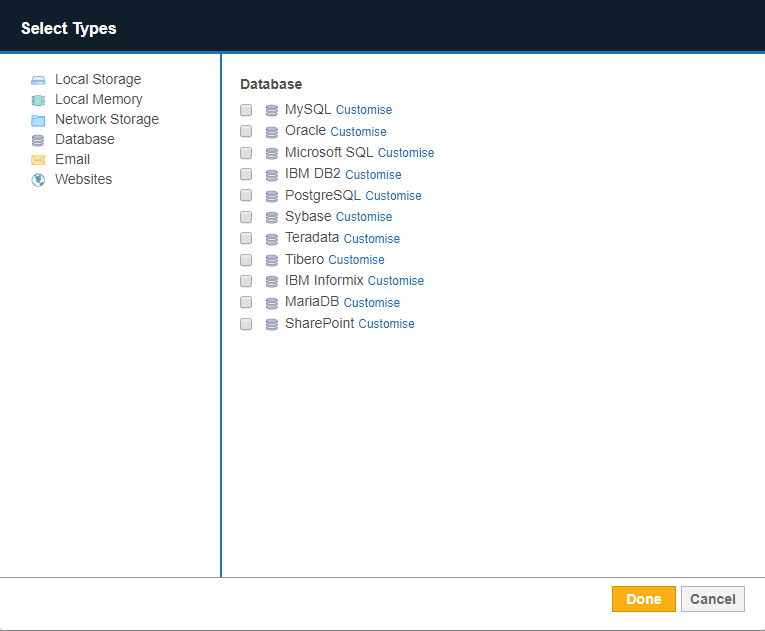 Select SharePoint from the database options to scan a SharePoint Server Target.