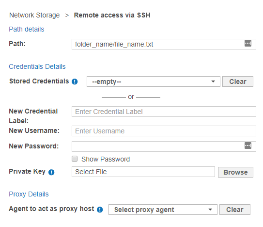 "Network Storage > Remote access via SSH" dialog box with the path set to "folder_name\file_name.txt".