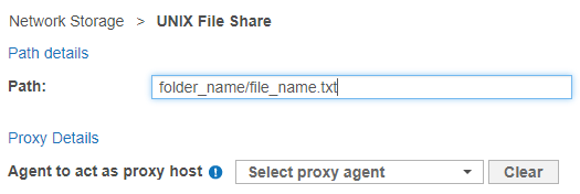 "Network Storage > UNIX File Share" dialog box with the path set to "folder_name\file_name.txt".