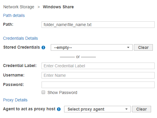 "Network Storage > Windows Share" dialog box with the path set to "folder_name\file_name.txt".