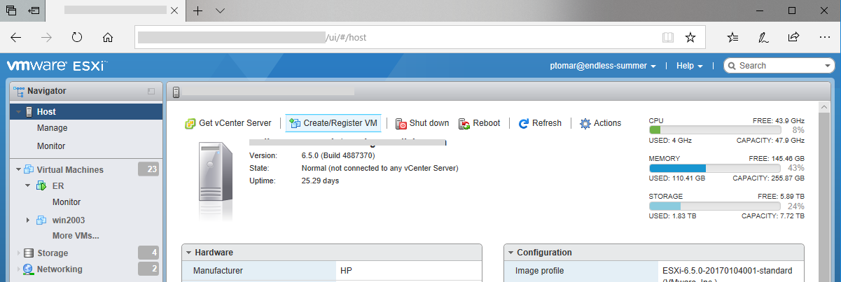 Click Create/Register VM in the VMware Host Client to create a new virtual machine.