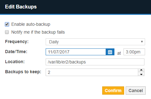 Edit Backups dialog box to configure the frequency, location and other settings for automated backups of the Master Server.