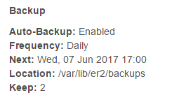 Details of automated backup including frequency, date/time, location and backups to keep in the Server Information page.
