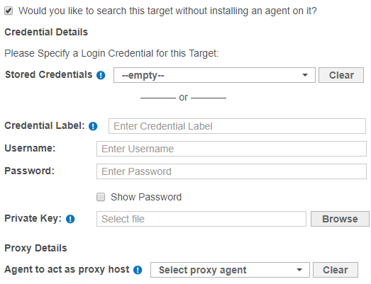 Credentials Details dialog box to configure the credentials and proxy agent to perform an agentless scan.