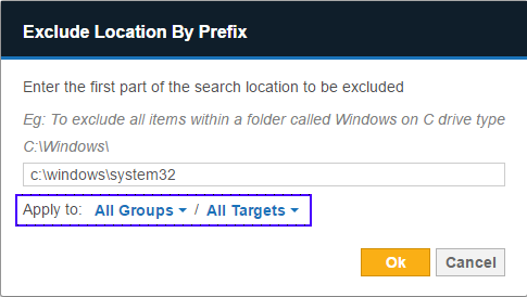 Example of "Exclude Location by Prefix" filter to exclude "c:\windows\system32" path for all Targets and Target Groups.
