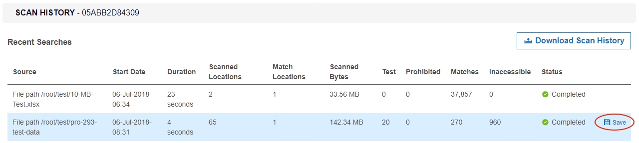 Save button to download a report for a single scan from the Scan History page.