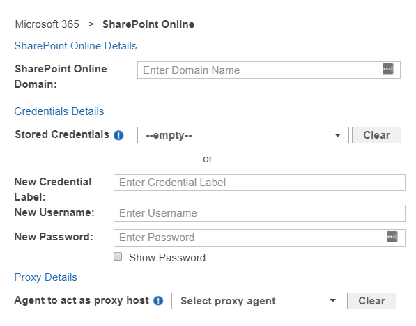 Dialog box to configure the path, credentials, and proxy agent for a SharePoint Online Target