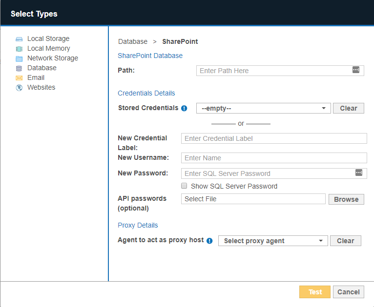 Dialog box to configure the path, credentials and proxy agent for a SharePoint Server Target.