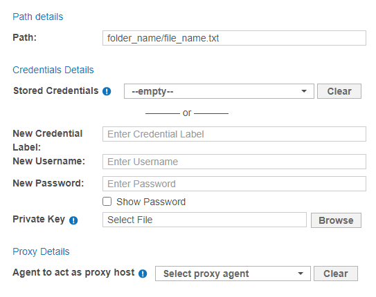 "Network Storage > Remote access via SSH" dialog box with the path set to "folder_name\file_name.txt".